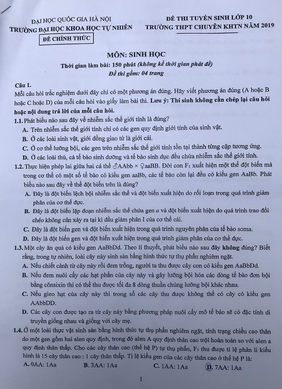 Đề thi Sinh học vào lớp 10 THPT chuyên KHTN dài, phân hóa cao - 2 Đề thi Sinh học vào lớp 10 THPT chuyên KHTN dài, phân hóa cao - 2