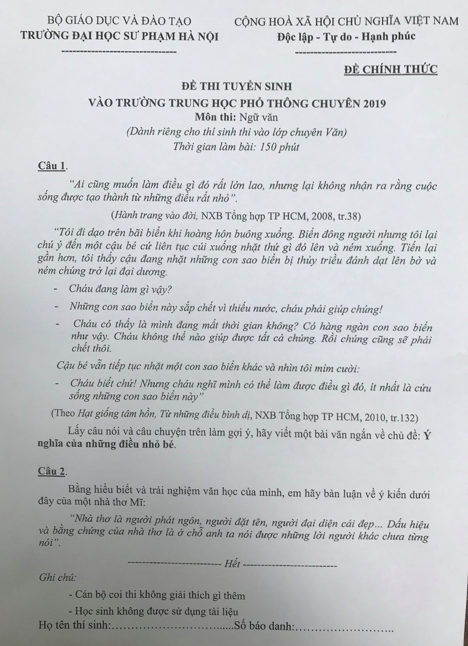 Thi lớp 10 THPT chuyên ĐHSP: Đề Ngữ Văn có tính phân loại cao - 1 Thi lớp 10 THPT chuyên ĐHSP: Đề Ngữ Văn có tính phân loại cao - 1