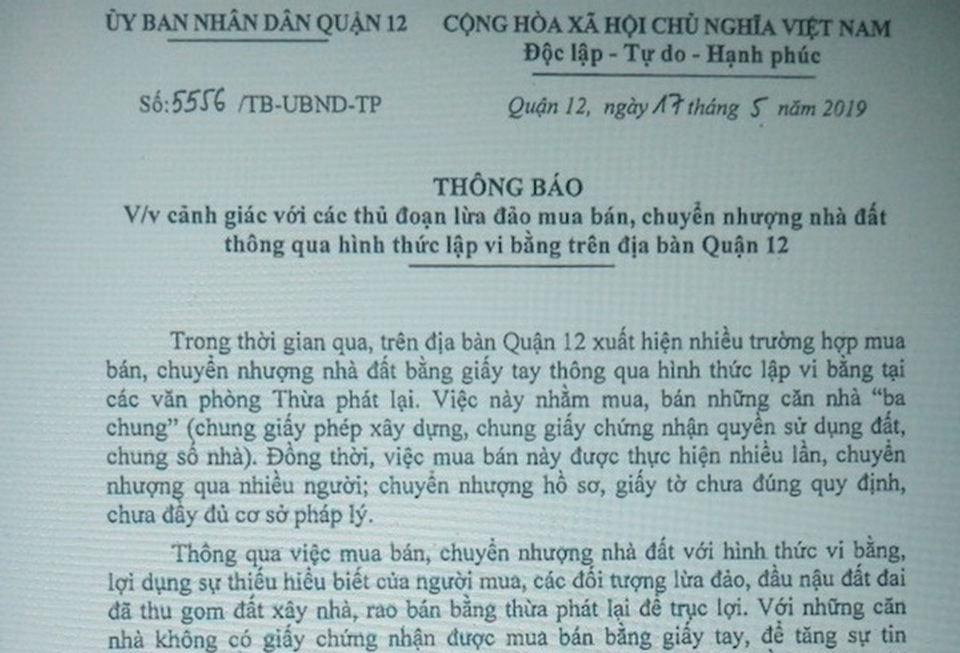 TP HCM: Cảnh giác thủ đoạn lừa đảo mua bán nhà đất thông qua lập vi bằng - 1 TP HCM: Cảnh giác thủ đoạn lừa đảo mua bán nhà đất thông qua lập vi bằng - 1