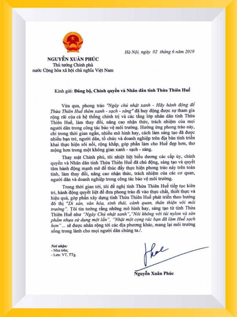 Thủ tướng gửi thư khen phong trào “xanh - sạch - sáng” của Thừa Thiên Huế - 1 Thủ tướng gửi thư khen phong trào “xanh - sạch - sáng” của Thừa Thiên Huế - 1