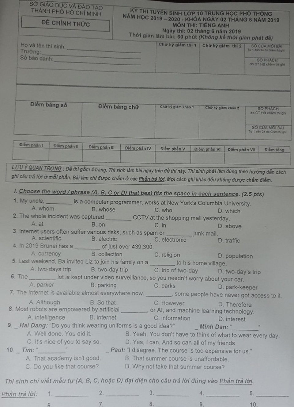 Tuyển sinh lớp 10 TPHCM năm 2019: Hướng dẫn giải đề tiếng Anh - 1 Tuyển sinh lớp 10 TPHCM năm 2019: Hướng dẫn giải đề tiếng Anh - 1