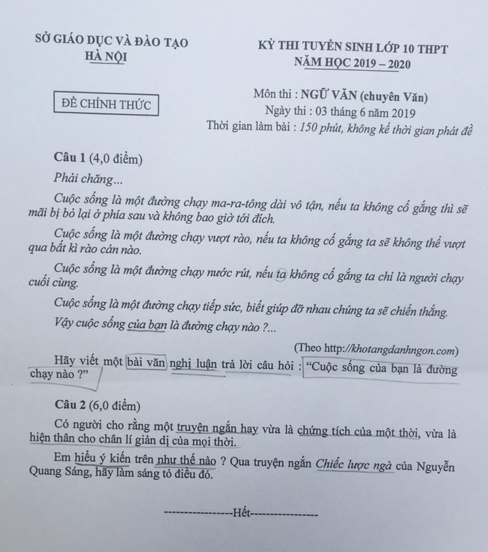 Đề thi chuyên môn Ngữ văn của Hà Nội 2019: Cuộc sống của bạn là đường chạy nào? - 1 Đề thi chuyên môn Ngữ văn của Hà Nội 2019: Cuộc sống của bạn là đường chạy nào? - 1