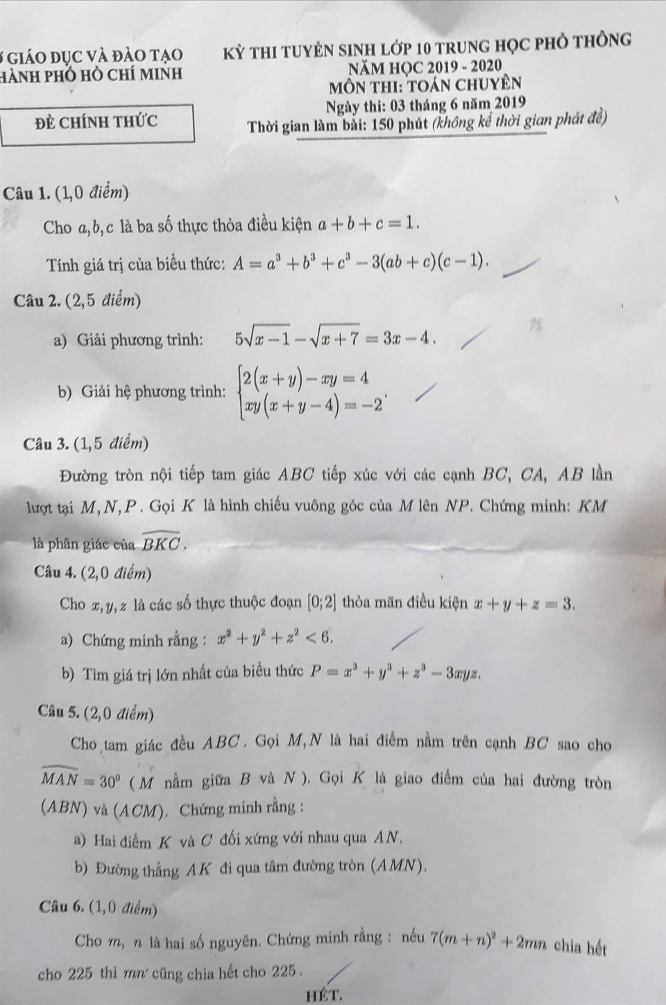 Tuyển sinh lớp 10 TPHCM: Đề Toán chuyên - 1 Tuyển sinh lớp 10 TPHCM: Đề Toán chuyên - 1