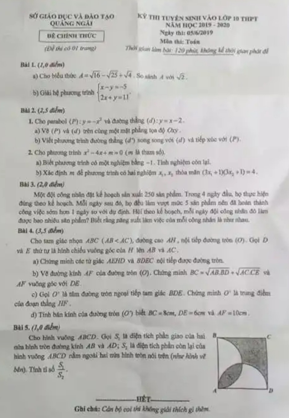 Quảng Ngãi: Đề Toán tuyển sinh lớp 10 có 2 bài giống một đề thi thử? - 1 Quảng Ngãi: Đề Toán tuyển sinh lớp 10 có 2 bài giống một đề thi thử? - 1