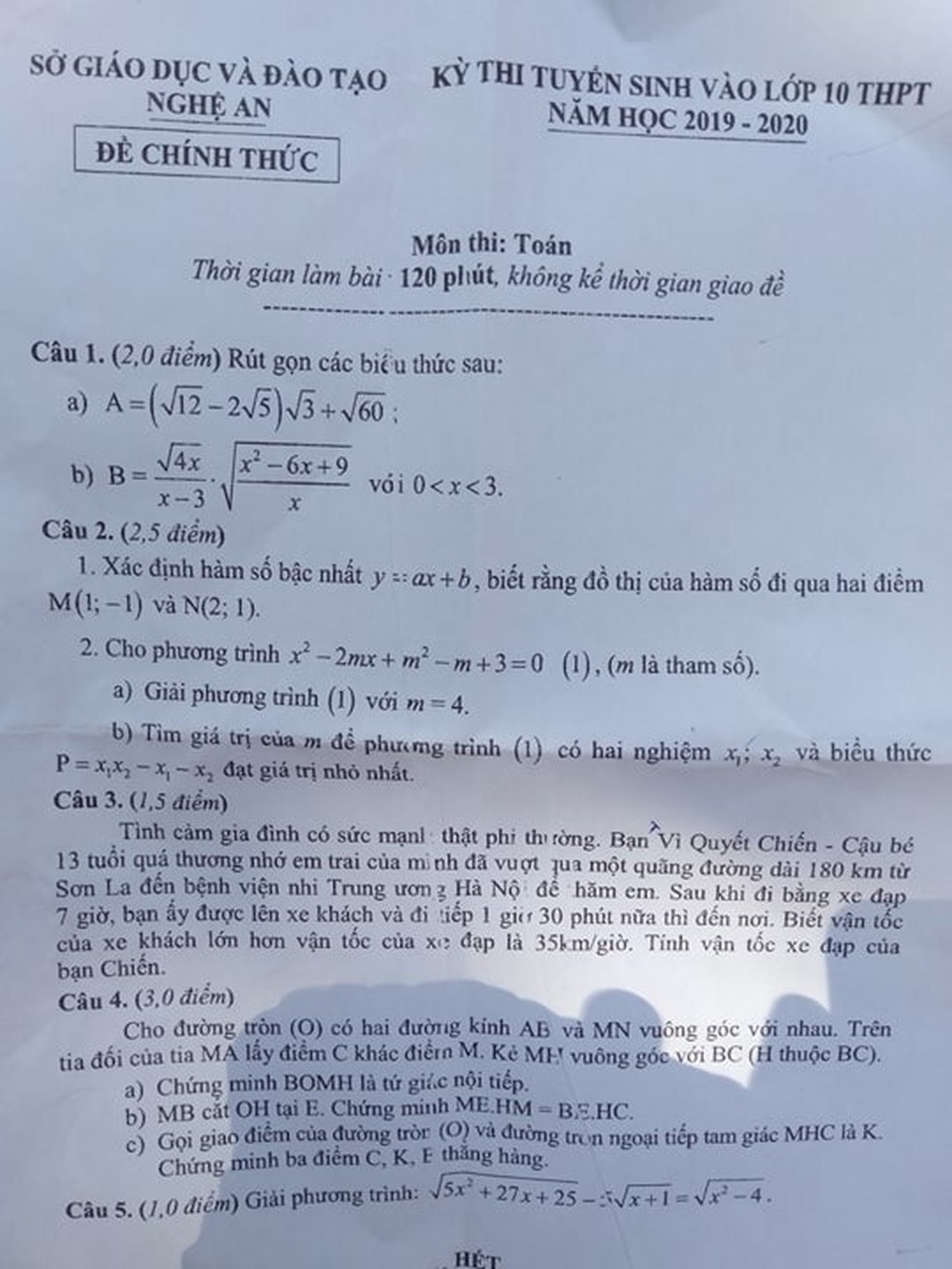 Hướng dẫn giải bài thi Toán vào lớp 10 của Nghệ An năm 2019 - 1 Hướng dẫn giải bài thi Toán vào lớp 10 của Nghệ An năm 2019 - 1