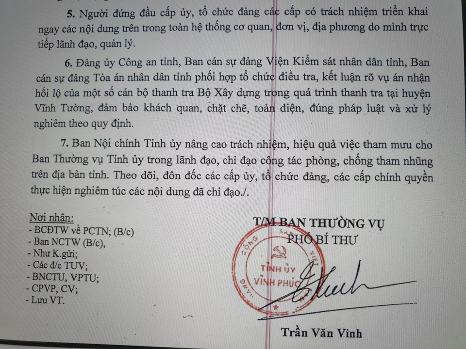 Tỉnh uỷ Vĩnh Phúc chỉ đạo sớm kết luận rõ, xử nghiêm vụ nhận hối lộ của Thanh tra Bộ Xây dựng - 2 Tỉnh uỷ Vĩnh Phúc chỉ đạo sớm kết luận rõ, xử nghiêm vụ nhận hối lộ của Thanh tra Bộ Xây dựng - 2