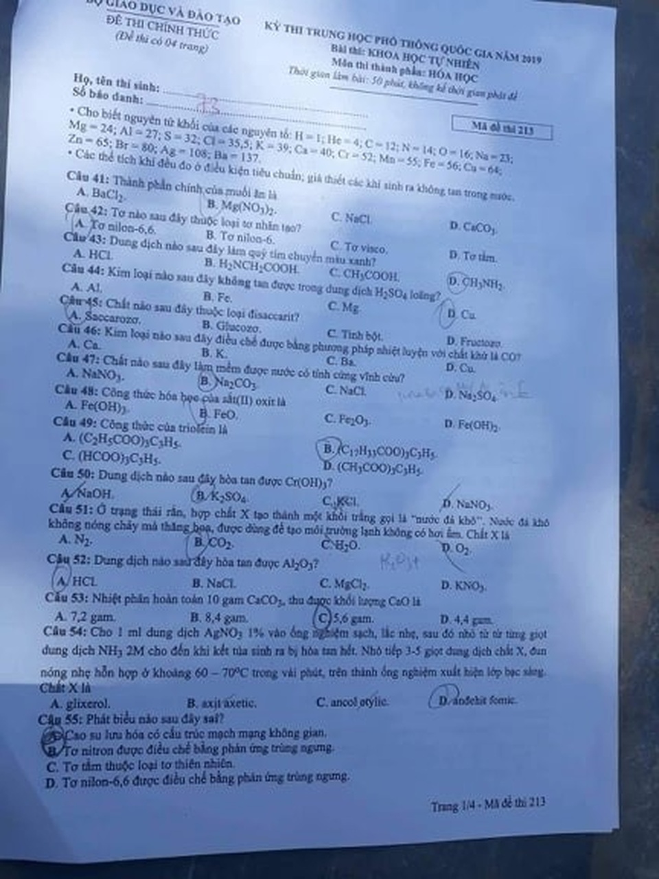 Môn Hóa học - Đề thi và đáp án chính thức THPT quốc gia 2019 - 1 Môn Hóa học - Đề thi và đáp án chính thức THPT quốc gia 2019 - 1
