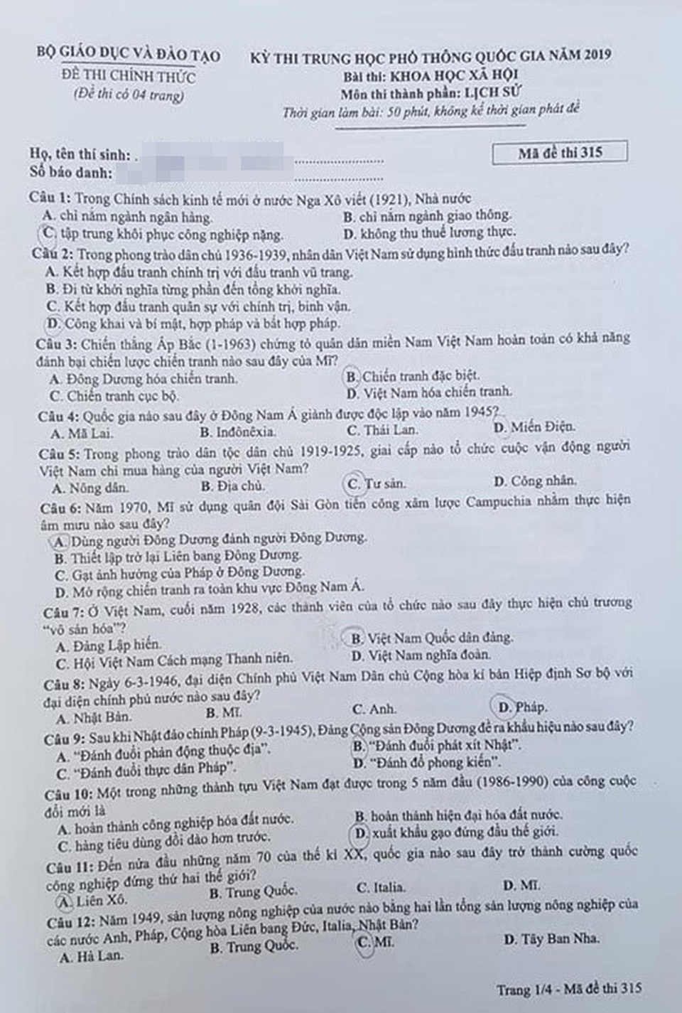 Môn Lịch sử - Đề thi và đáp án chính thức THPT quốc gia 2019 - 2 Môn Lịch sử - Đề thi và đáp án chính thức THPT quốc gia 2019 - 2
