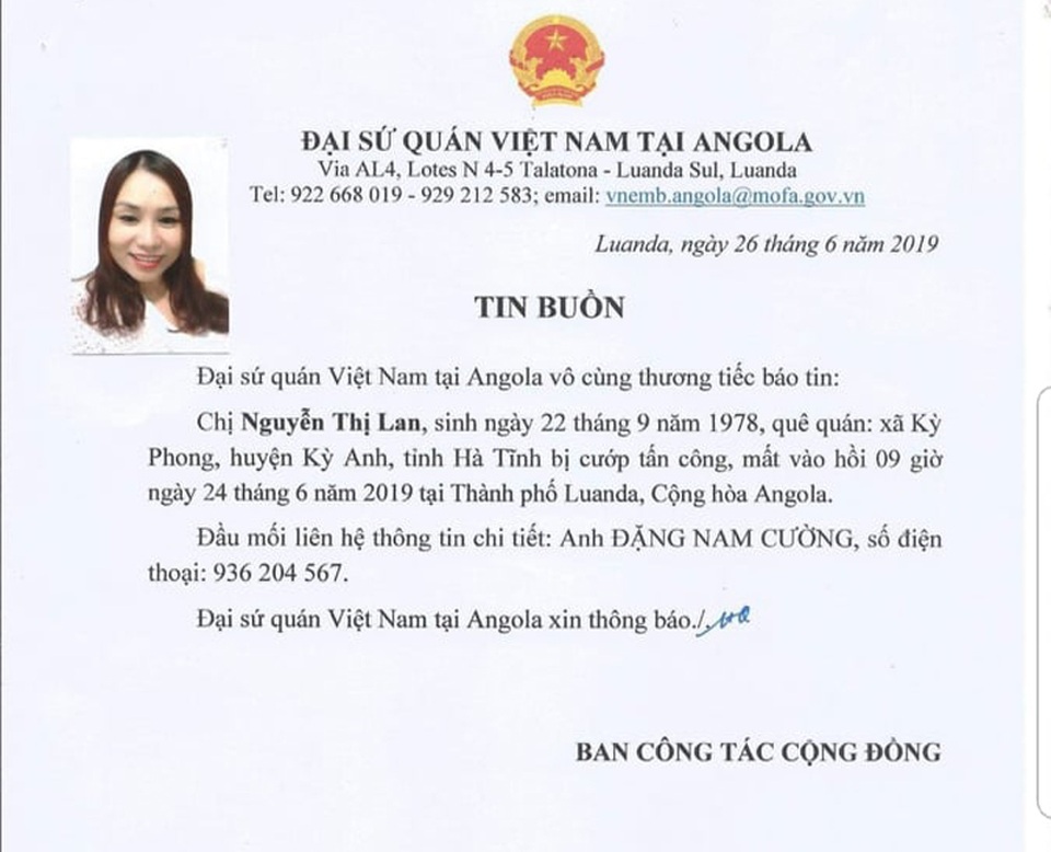 Nữ lao động Việt Nam bị cướp bắn chết tại Angola - 1 Nữ lao động Việt Nam bị cướp bắn chết tại Angola - 1