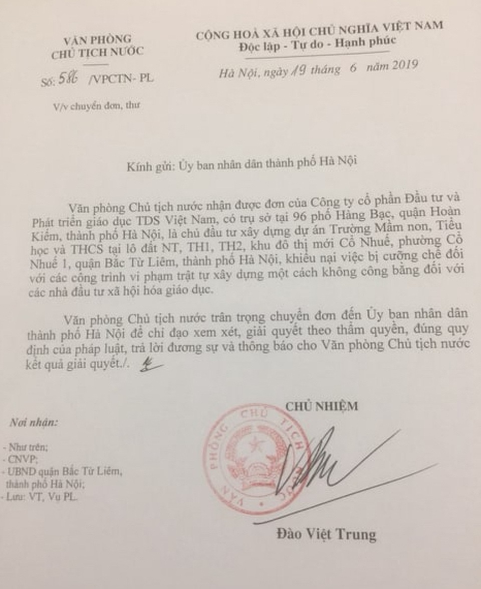 Văn phòng Chủ tịch nước đề nghị xem xét việc cưỡng chế công trình trường học - 1