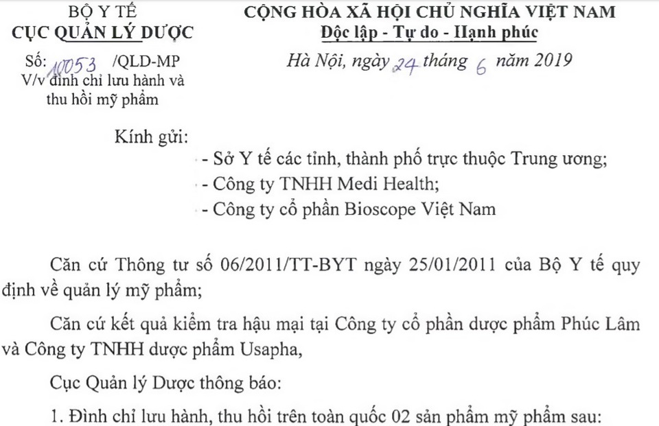 Đình chỉ lưu hành, thu hồi trên toàn quốc một loạt sản phẩm mỹ phẩm - 1 Đình chỉ lưu hành, thu hồi trên toàn quốc một loạt sản phẩm mỹ phẩm - 1