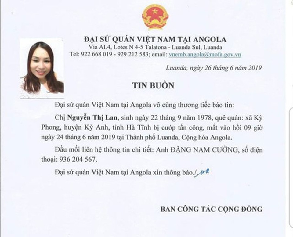 Một nữ lao động Việt bị cướp sát hại khi đang cầm túi tiền tại Angola - 1 Một nữ lao động Việt bị cướp sát hại khi đang cầm túi tiền tại Angola - 1