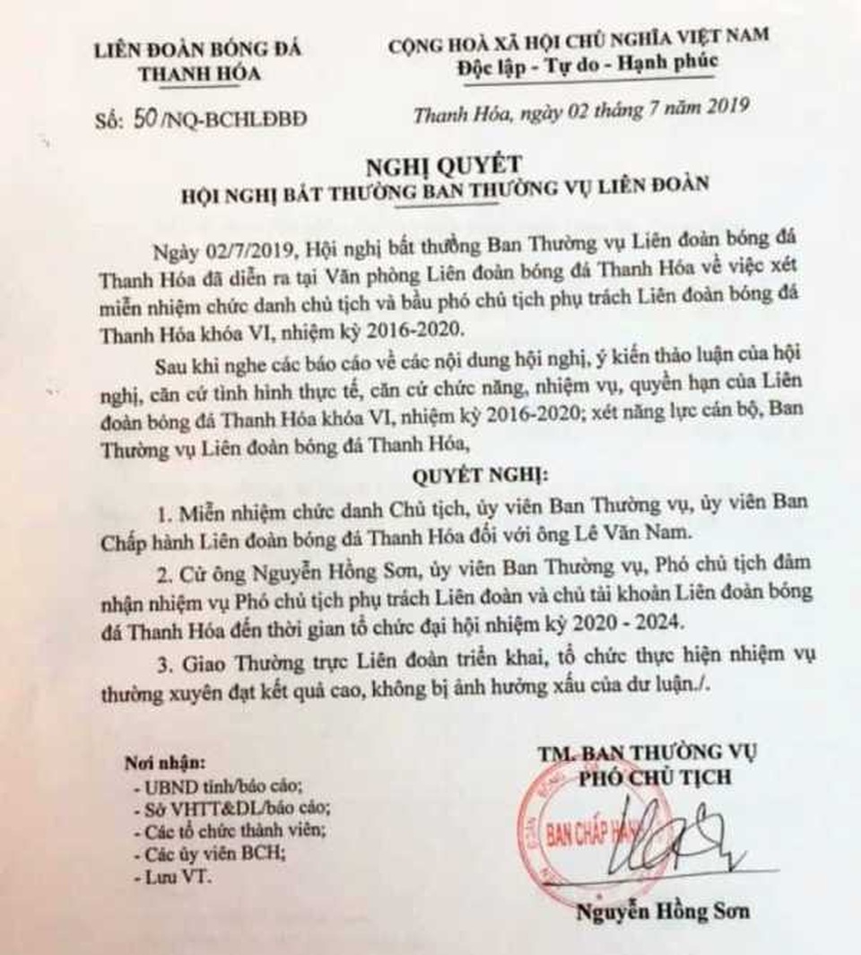 Miễn nhiệm chức danh Chủ tịch Liên đoàn bóng đá Thanh Hóa vì “dính” sai phạm - 2 Miễn nhiệm chức danh Chủ tịch Liên đoàn bóng đá Thanh Hóa vì “dính” sai phạm - 2