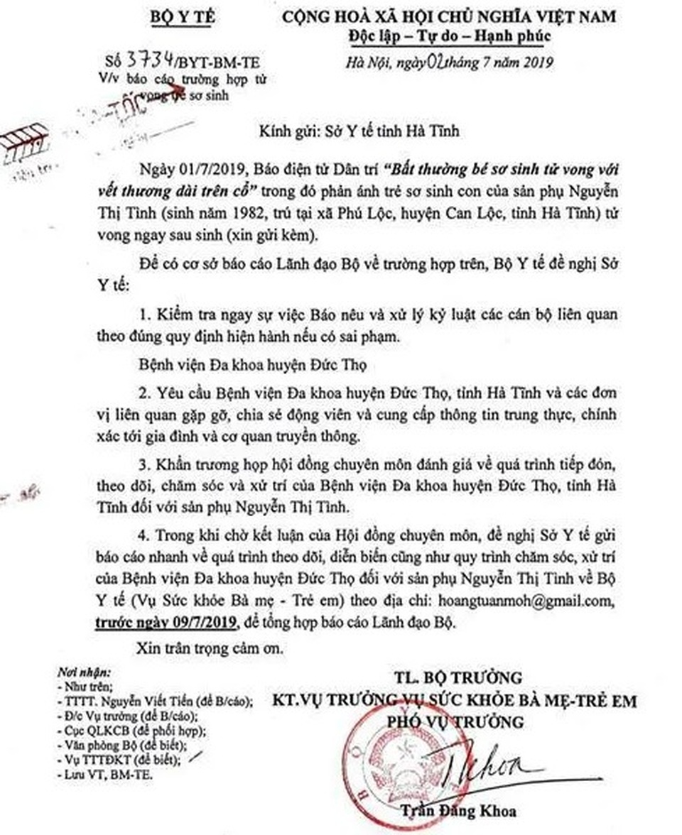 Bộ Y tế chỉ đạo nóng vụ bé sơ sinh tử vong với vết thương dài trên cổ - 1 Bộ Y tế chỉ đạo nóng vụ bé sơ sinh tử vong với vết thương dài trên cổ - 1