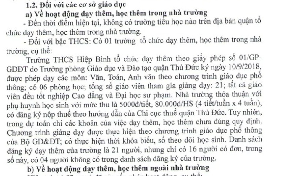 Thanh tra tại quận Thủ Đức, TPHCM: Không có trường tiểu học nào dạy thêm, học thêm trong trường - 1 Thanh tra tại quận Thủ Đức, TPHCM: Không có trường tiểu học nào dạy thêm, học thêm trong trường - 1