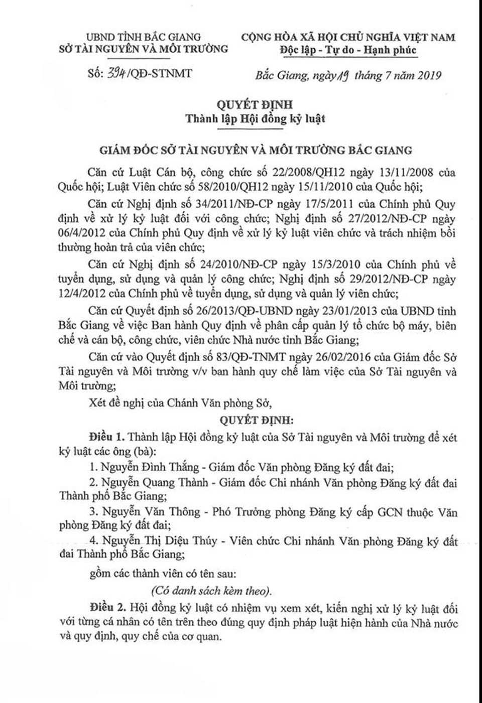 Thành lập hội đồng xem xét kỷ luật hàng loạt cán bộ, lãnh đạo Sở TNMT tỉnh Bắc Giang - 1 Thành lập hội đồng xem xét kỷ luật hàng loạt cán bộ, lãnh đạo Sở TNMT tỉnh Bắc Giang - 1