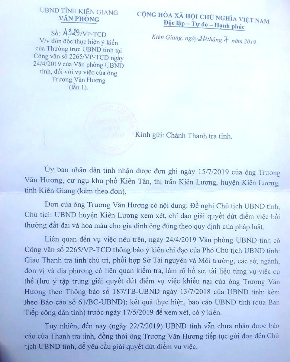 Yêu cầu báo cáo Chủ tịch tỉnh Kiên Giang vụ thu hồi đất 20 năm chưa đền bù cho dân! - 1 Yêu cầu báo cáo Chủ tịch tỉnh Kiên Giang vụ thu hồi đất 20 năm chưa đền bù cho dân! - 1