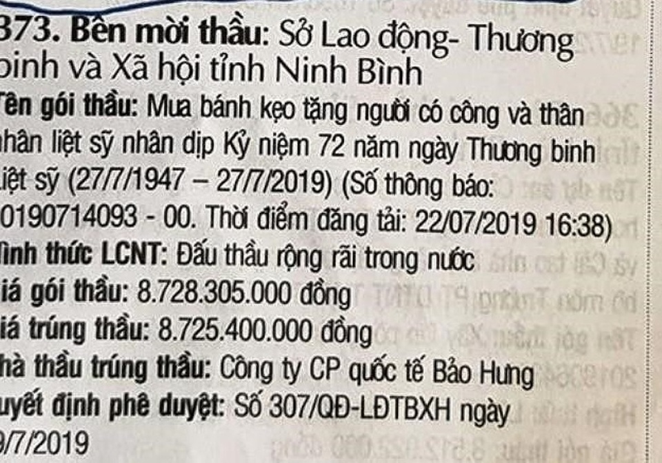 Ninh Bình nói gì về gói thầu 8,7 tỷ đồng mua bánh kẹo tặng dịp 27/7 - 1