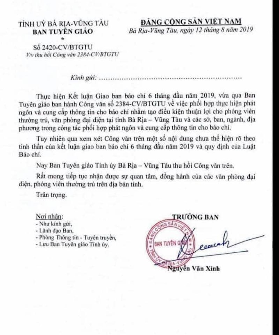 Bà Rịa - Vũng Tàu thu hồi công văn gây khó cho báo chí - 1 Bà Rịa - Vũng Tàu thu hồi công văn gây khó cho báo chí - 1
