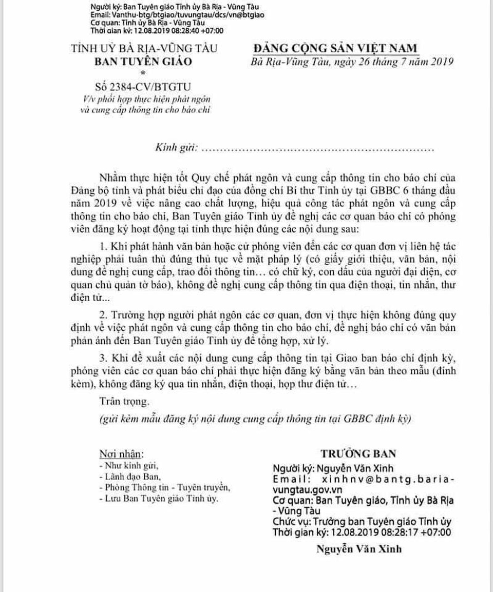 Bà Rịa - Vũng Tàu thu hồi công văn gây khó cho báo chí - 2 Bà Rịa - Vũng Tàu thu hồi công văn gây khó cho báo chí - 2
