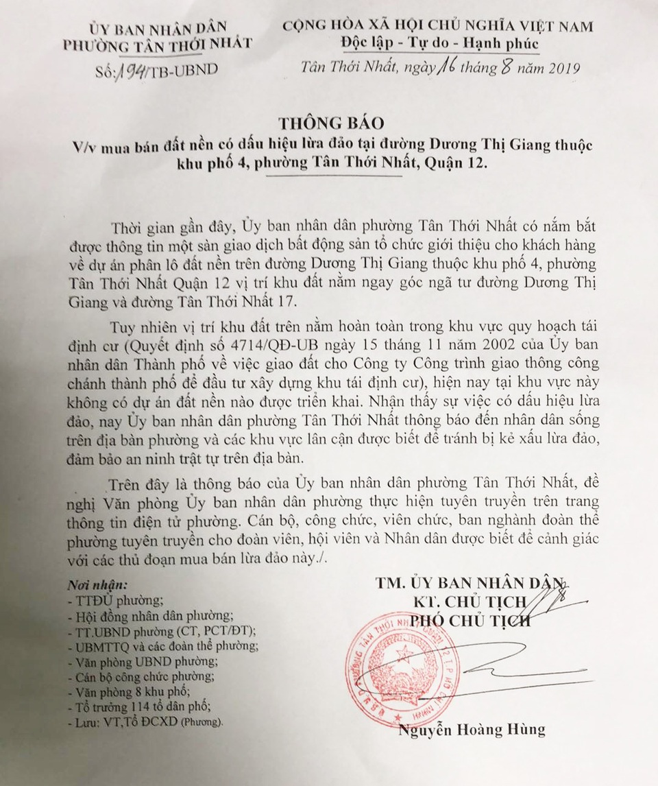 UBND phường cảnh báo dự án ma bán đất nền giá rẻ - 2 UBND phường cảnh báo dự án ma bán đất nền giá rẻ - 2