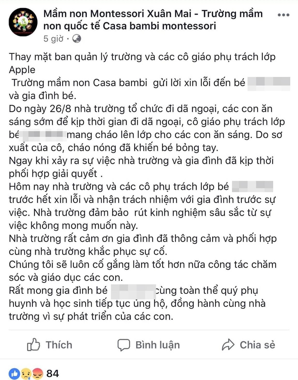 Hà Nội: Bé 3 tuổi bị bỏng cháo ở trường Mầm non quốc tế Montessori Xuân Mai - 1 Hà Nội: Bé 3 tuổi bị bỏng cháo ở trường Mầm non quốc tế Montessori Xuân Mai - 1