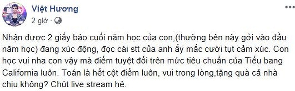 Việt Hương khoe thành tích học tập “khủng” của con gái tại Mỹ - 2 Việt Hương khoe thành tích học tập “khủng” của con gái tại Mỹ - 2