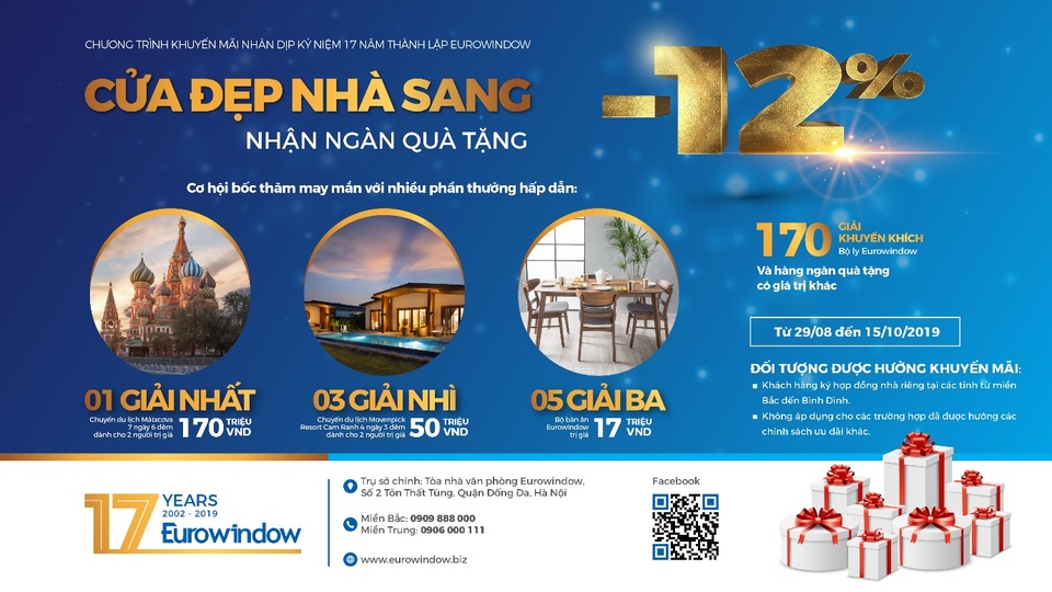 Eurowindow khuyến mãi tới 12% nhân kỷ niệm 17 năm thành lập - 1 Eurowindow khuyến mãi tới 12% nhân kỷ niệm 17 năm thành lập - 1