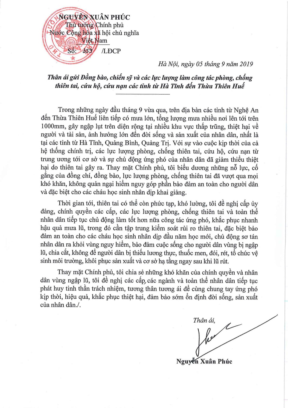 Thư của Thủ tướng gửi lực lượng phòng, chống thiên tai vùng lũ - 1