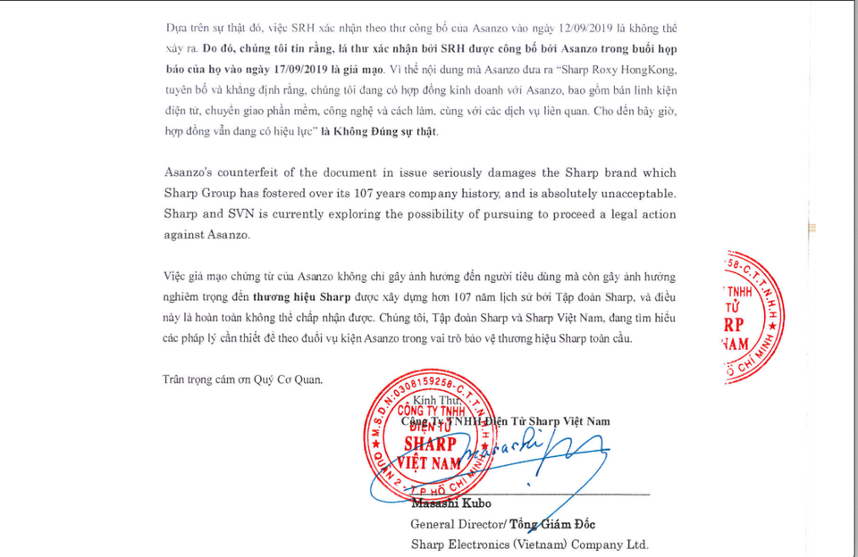 Sharp Việt Nam bất ngờ tố Asanzo “giả mạo chứng từ hợp tác” - 1 Sharp Việt Nam bất ngờ tố Asanzo “giả mạo chứng từ hợp tác” - 1