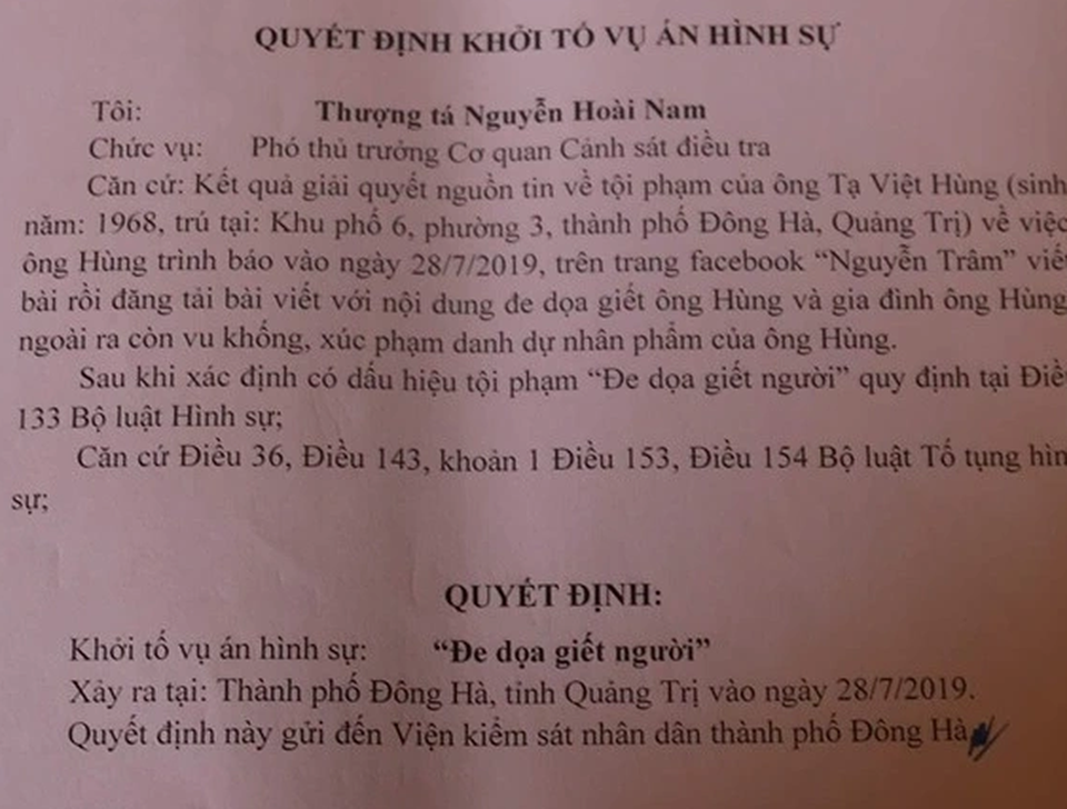 Khởi tố vụ án hình sự “đe dọa giết người” trên Facebook - 1 Khởi tố vụ án hình sự “đe dọa giết người” trên Facebook - 1
