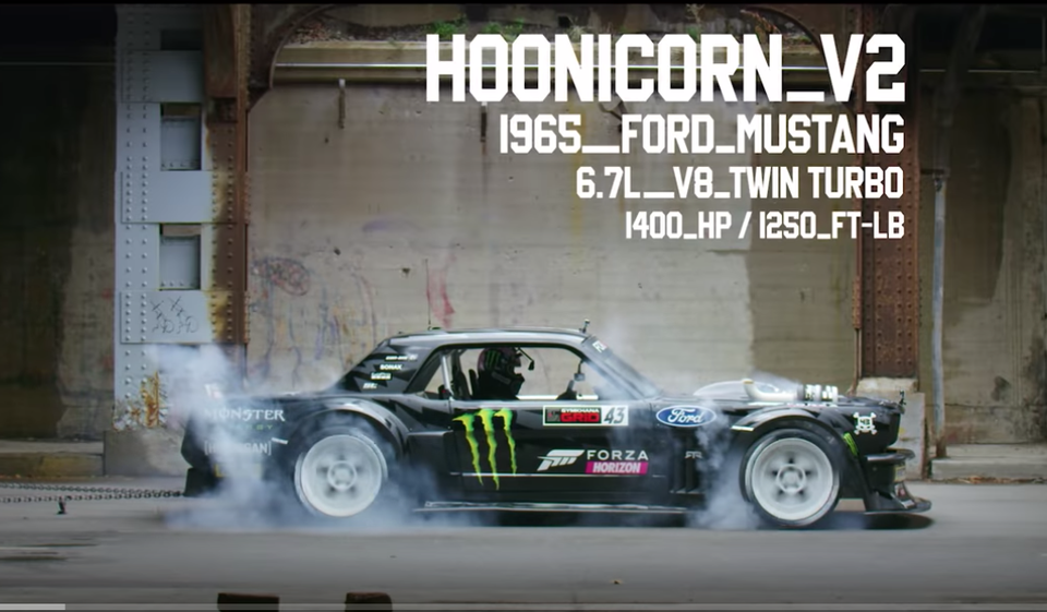 Chiêm ngưỡng buổi phá xe cuối cùng trong năm 2018 của tay đua Ken Block - 1 HooniCorn V2 Ford Mustang phiên bản 1965 dùng động cơ V8 6.7L Twin turbo sức mạnh 1.400 mã lực/1.690 Nm.