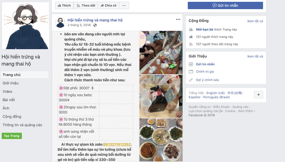 Phá đường dây bán bào thai từ cuộc điện thoại cầu cứu trong khách sạn - 1 Các đối tượng công khai lập trang Facebook để tuyển người mang thai hộ