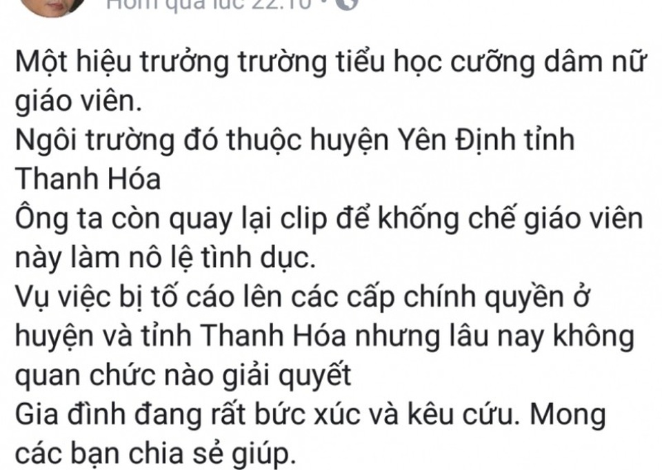 Hiệu trưởng trường Tiểu học bị tố cưỡng dâm cấp dưới nhiều năm liền - 1 Thông tin được chia sẻ trên mạng xã hội.
