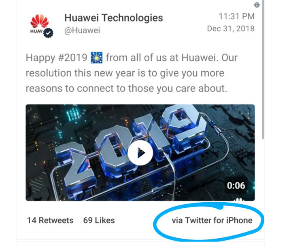 Nhân viên Huawei bị phạt vì gửi lời tweet chúc mừng năm mới bằng iPhone - 2 Đoạn tweet chúc mừng năm mới khiến 2 nhân viên Huawei nhận phạt từ công ty.