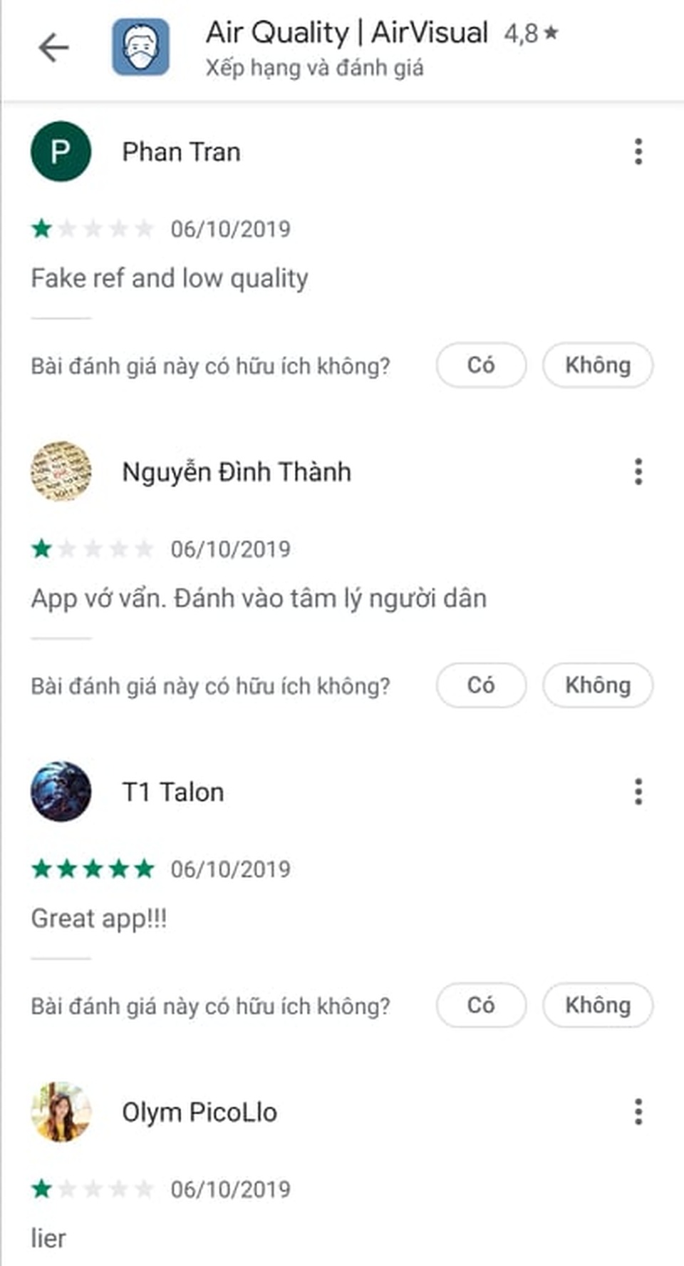AirVisual chặn người dùng Việt vì hứng chịu bão đánh giá 1 sao - 4 AirVisual chặn người dùng Việt vì hứng chịu bão đánh giá 1 sao - 4