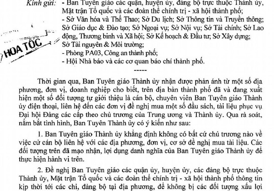 Cảnh báo tình trạng kẻ xấu mạo danh cán bộ Ban Tuyên giáo gạ mua tài liệu Đại hội Đảng - 1 Cảnh báo tình trạng kẻ xấu mạo danh cán bộ Ban Tuyên giáo gạ mua tài liệu Đại hội Đảng - 1