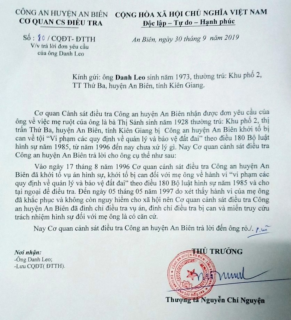 Công an Kiên Giang thông tin bất ngờ vụ cụ bà 23 năm mang thân phận bị can! - 1 Công an Kiên Giang thông tin bất ngờ vụ cụ bà 23 năm mang thân phận bị can! - 1