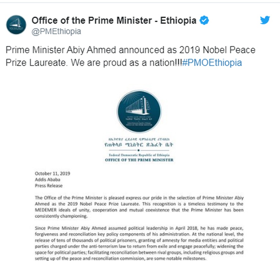 Nhà lãnh đạo trẻ nhất châu Phi, 43 tuổi, giành giải Nobel Hòa bình 2019 - 2 Nhà lãnh đạo trẻ nhất châu Phi, 43 tuổi, giành giải Nobel Hòa bình 2019 - 2