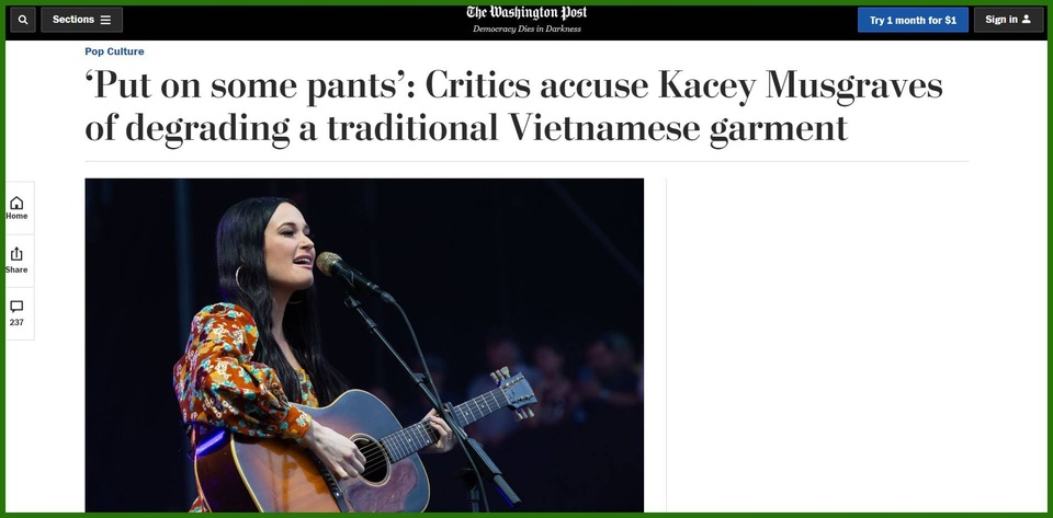 Các tờ tin tức nước ngoài nói gì về nữ ca sĩ mặc “áo dài... không quần”? - 1 Các tờ tin tức nước ngoài nói gì về nữ ca sĩ mặc “áo dài... không quần”? - 1