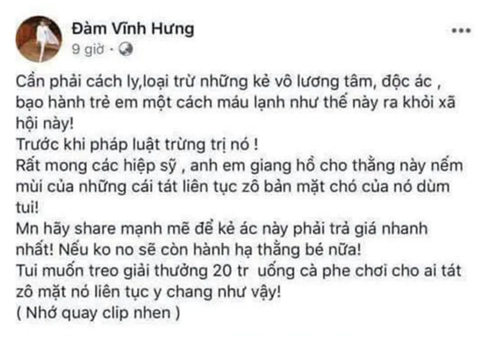 Sở Thông tin truyền thông lên tiếng về việc facebook Đàm Vĩnh Hưng “kêu gọi đánh người” - 1 Sở Thông tin truyền thông lên tiếng về việc facebook Đàm Vĩnh Hưng “kêu gọi đánh người” - 1
