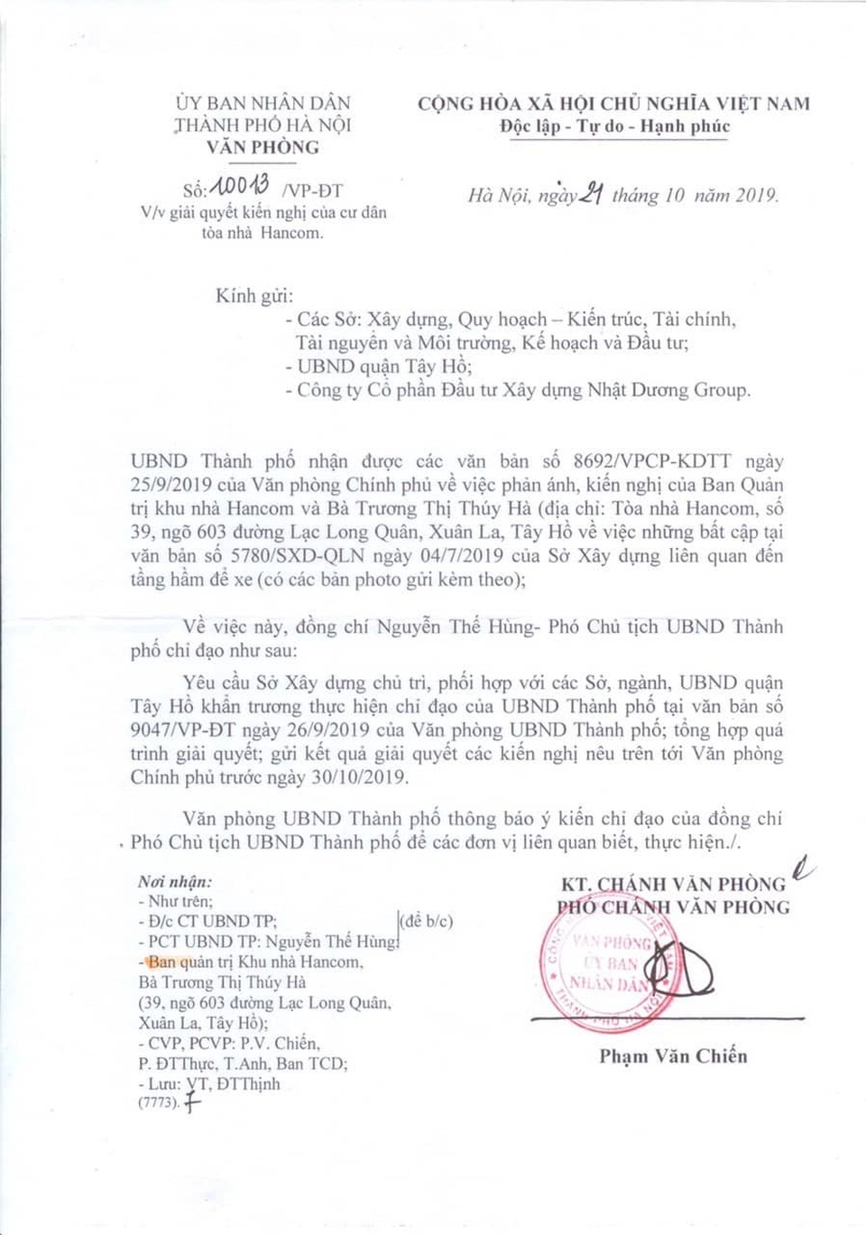 Cư dân chung cư Hancom kêu cứu đỏ toà nhà: Thành phố Hà Nội tiếp tục chỉ đạo “nóng”! - 1 Cư dân chung cư Hancom kêu cứu đỏ toà nhà: Thành phố Hà Nội tiếp tục chỉ đạo “nóng”! - 1