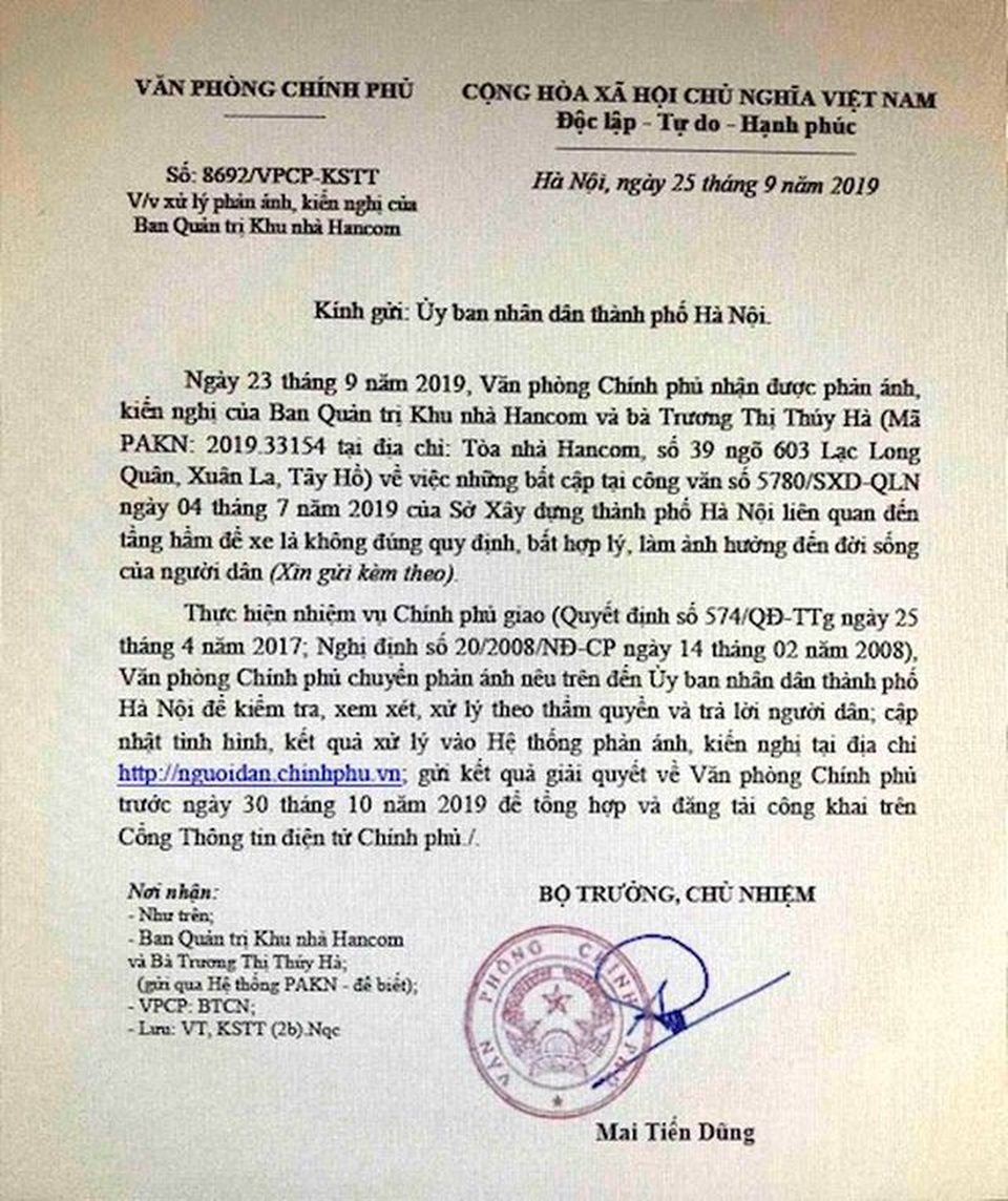 Cư dân chung cư Hancom kêu cứu đỏ toà nhà: Thành phố Hà Nội tiếp tục chỉ đạo “nóng”! - 2 Cư dân chung cư Hancom kêu cứu đỏ toà nhà: Thành phố Hà Nội tiếp tục chỉ đạo “nóng”! - 2