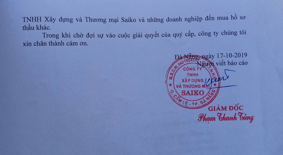 Đơn tố cáo của Công ty TNHH Xây dựng và Thương mại Saiko Doanh nghiệp tố BQLDA bảo kê hồ sơ mời thầu