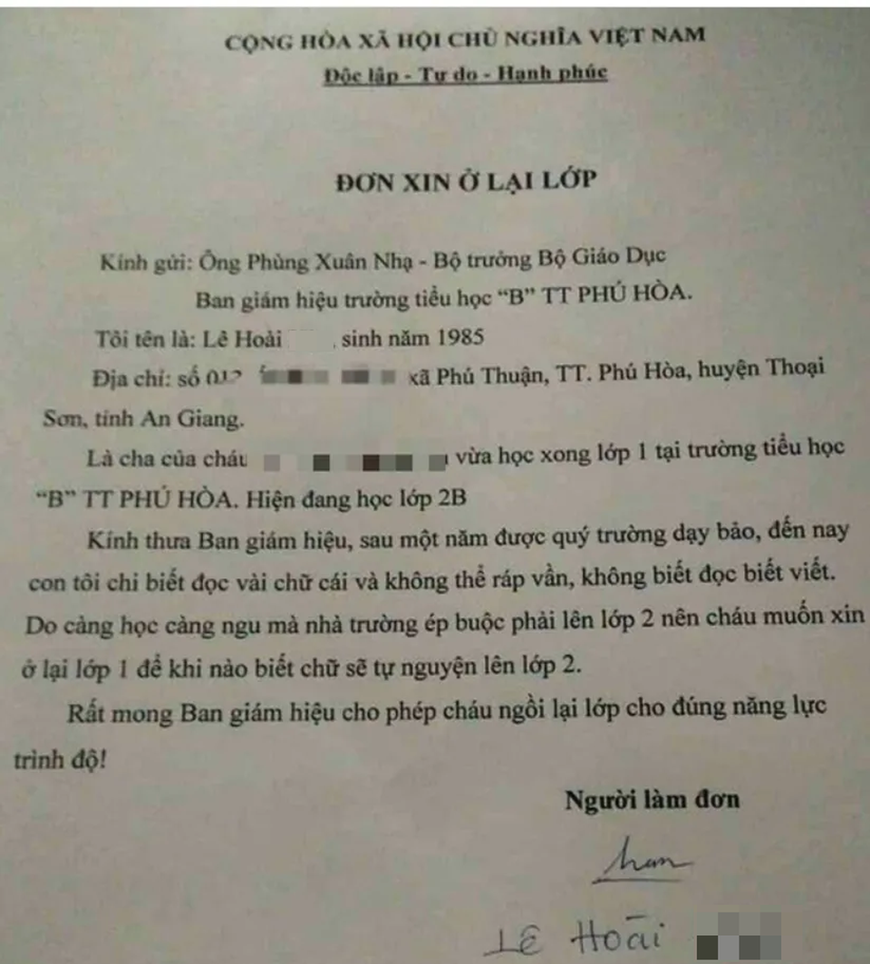 Xôn xao tin phụ huynh gửi thư tới Bộ trưởng xin cho con xuống lớp 1: Phụ huynh không biết chữ! - 1 Xôn xao tin phụ huynh gửi thư tới Bộ trưởng xin cho con xuống lớp 1: Phụ huynh không biết chữ! - 1