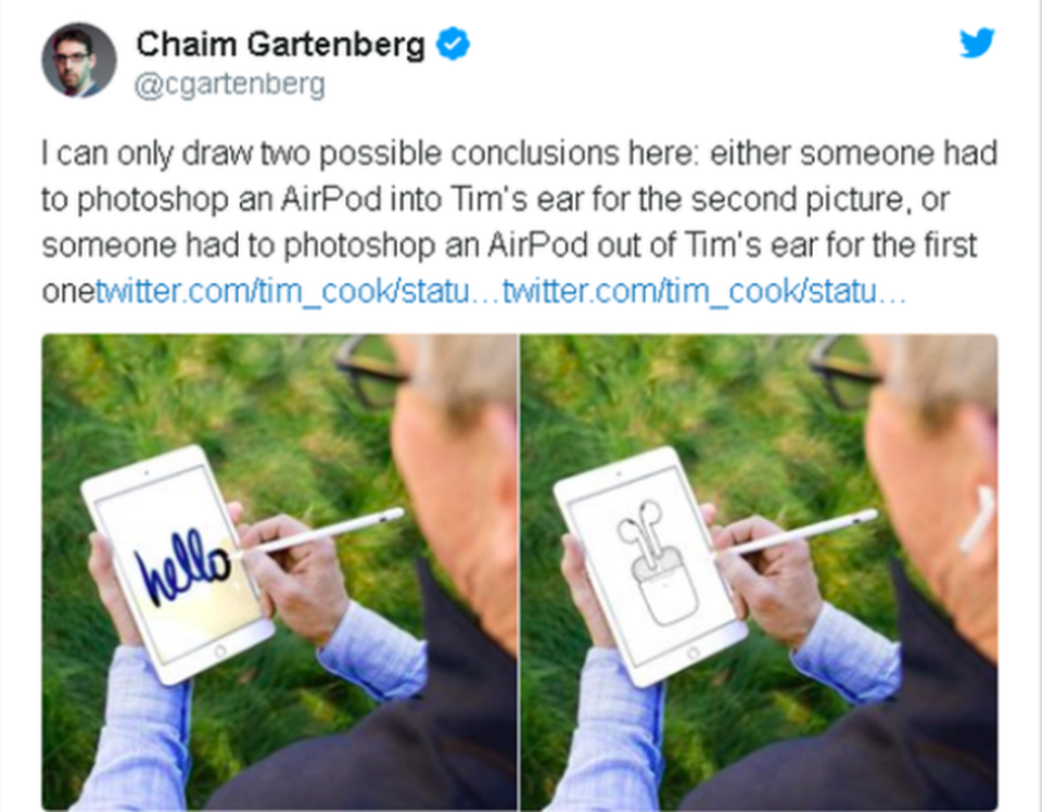 CEO Apple bị chế giễu vì sử dụng ảnh Photoshop để khoe tai nghe AirPods - 3 CEO Apple bị chế giễu vì sử dụng ảnh Photoshop để khoe tai nghe AirPods - 3
