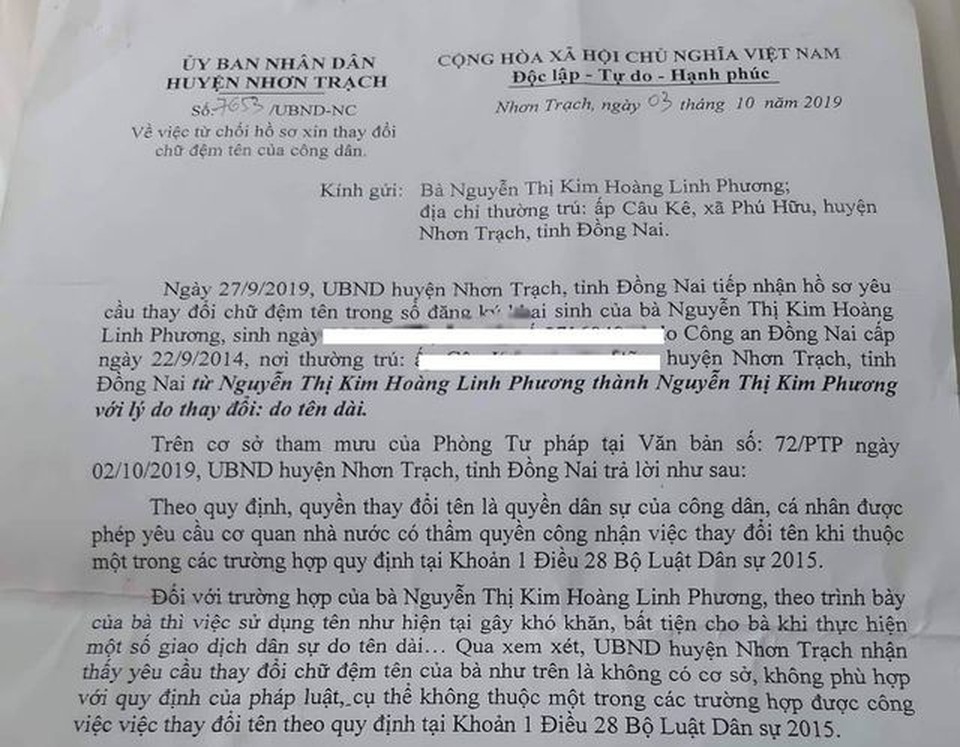Khổ sở vì tên quá dài nhưng không được sửa: Vừa hành dân, vừa sai luật! - 1 Khổ sở vì tên quá dài nhưng không được sửa: Vừa hành dân, vừa sai luật! - 1