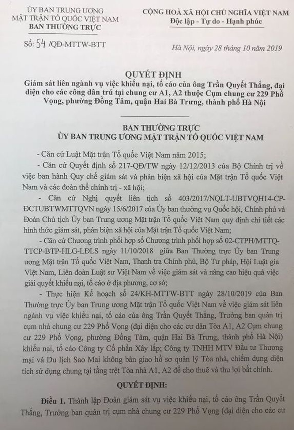 Uỷ ban Trung ương MTTQ Việt Nam giám sát vụ cư dân chung cư 229 phố Vọng kêu cứu - 1 Uỷ ban Trung ương MTTQ Việt Nam giám sát vụ cư dân chung cư 229 phố Vọng kêu cứu - 1