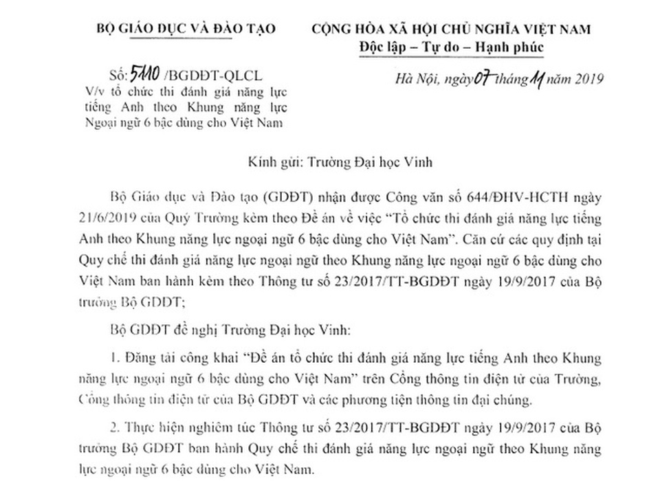 Trường ĐH Vinh tiếp tục được tổ chức thi đánh giá năng lực tiếng Anh 6 bậc dành cho Việt Nam - 1 Trường ĐH Vinh tiếp tục được tổ chức thi đánh giá năng lực tiếng Anh 6 bậc dành cho Việt Nam - 1