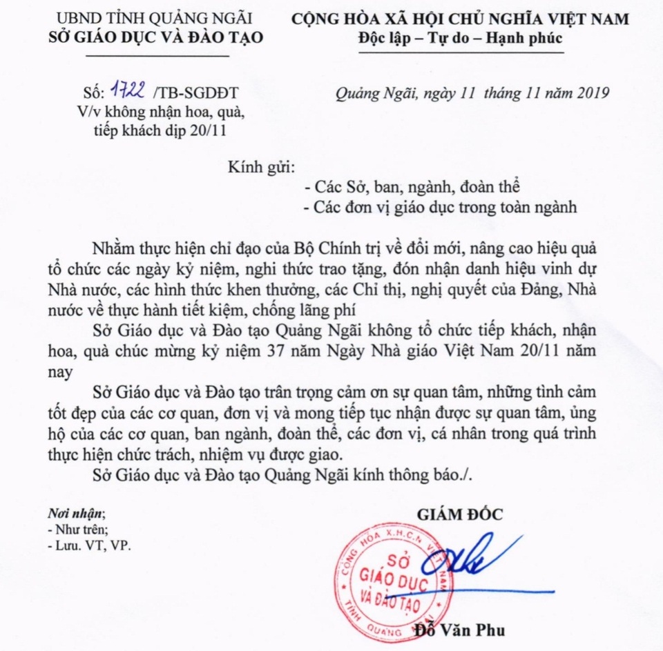 Quảng Ngãi: Sở Giáo dục không nhận quà dịp 20/11 - 1 Quảng Ngãi: Sở Giáo dục không nhận quà dịp 20/11 - 1